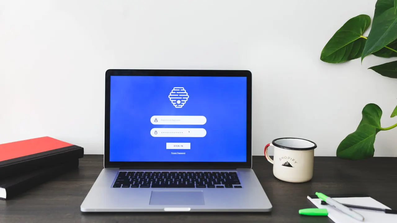 Laptop on login screen.
